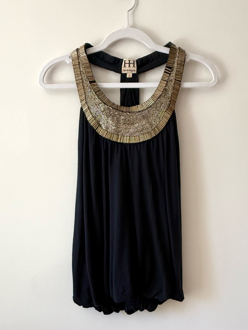 Haute Hippie Black Gold Beaded Embellished Bubble Hem Top Size S